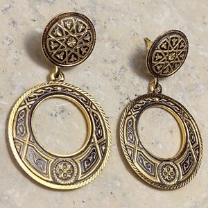 Vintage Damascene Gold Black Enamel Hoop Pierced Earrings